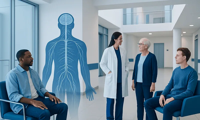 Medical professionals discussing autonomic nervous system in hospital corridor.