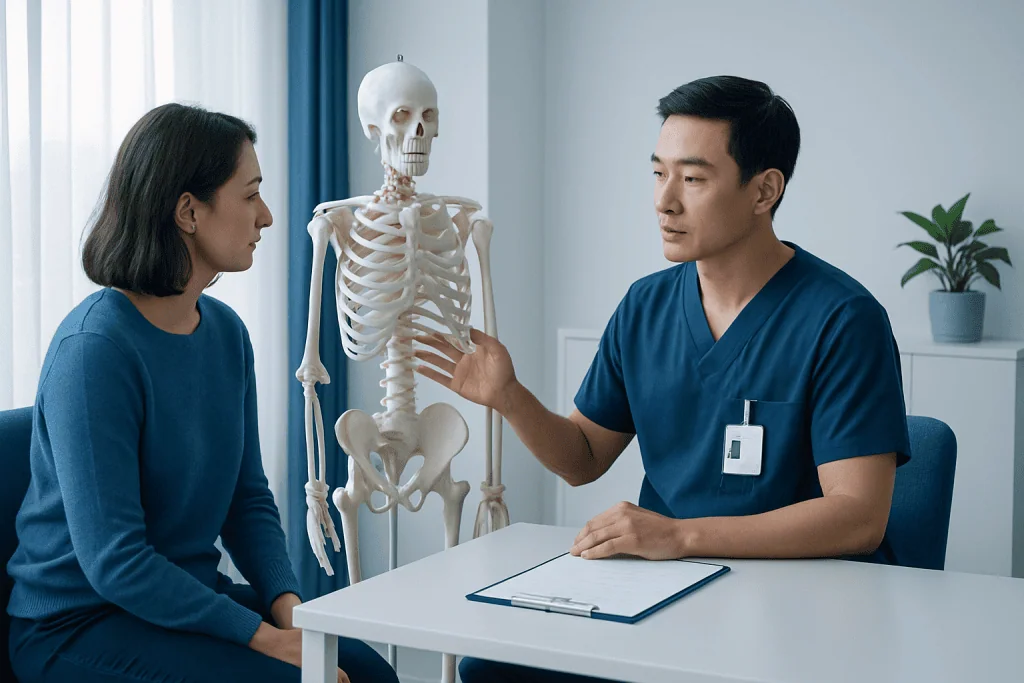 Doctor explaining spinal anatomy to a patient with a skeleton model.