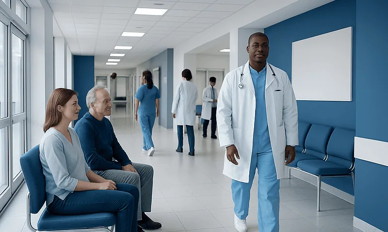 Medical consultation in a modern hospital corridor with diverse staff and patients.