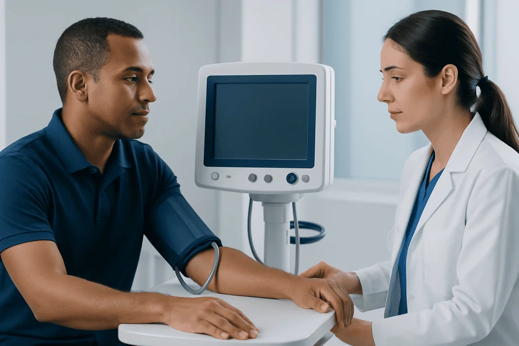 Medical professional measuring blood pressure of a patient in a clinical setting.