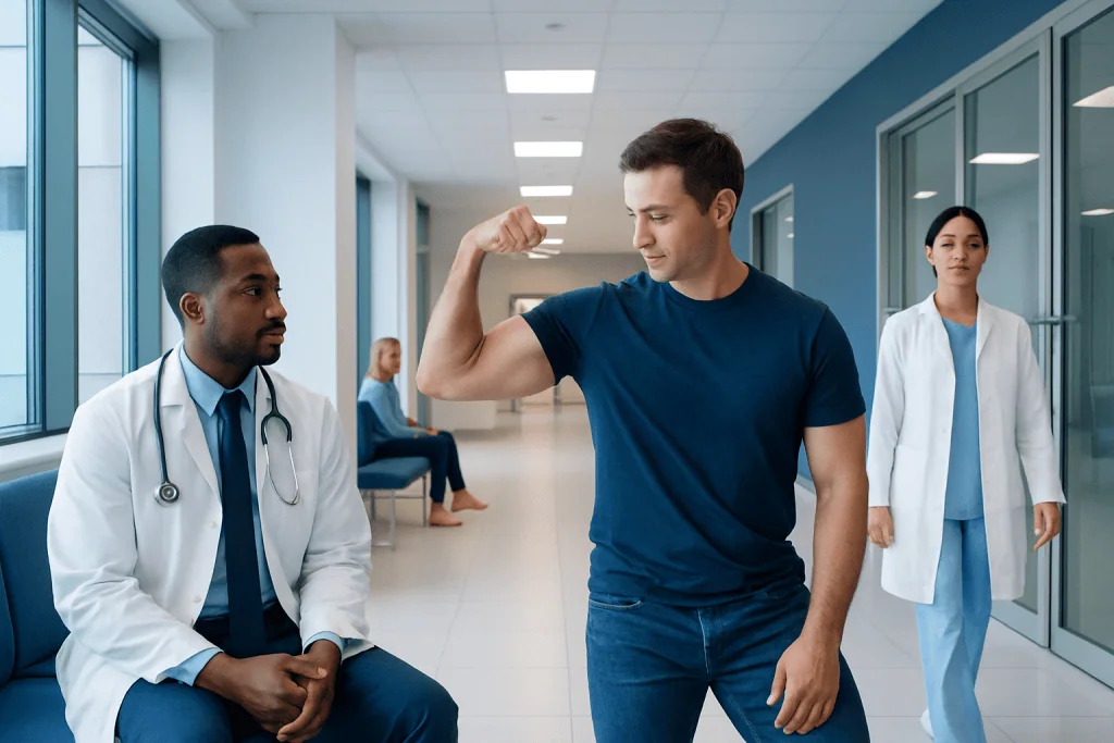 Biceps: A Complete Medical Overview 1 Young man flexing biceps in hospital corridor with medical staff nearby.