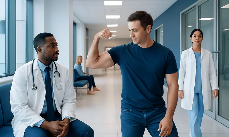 Young man flexing biceps in hospital corridor with medical staff nearby.