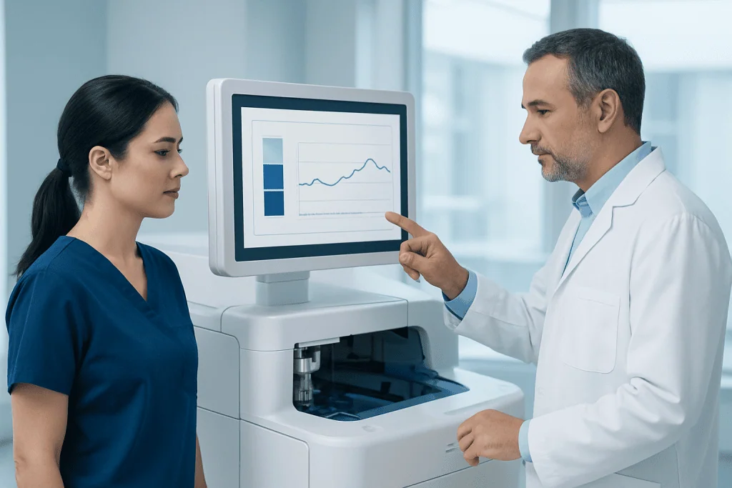 Doctor explaining blood test results to nurse in hospital.