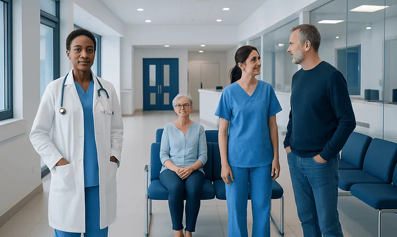 Blood Test Vit D 25 Hydroxy Explained: Reference Ranges and What Affects Them 5 Healthcare professionals and patient in a modern hospital corridor.