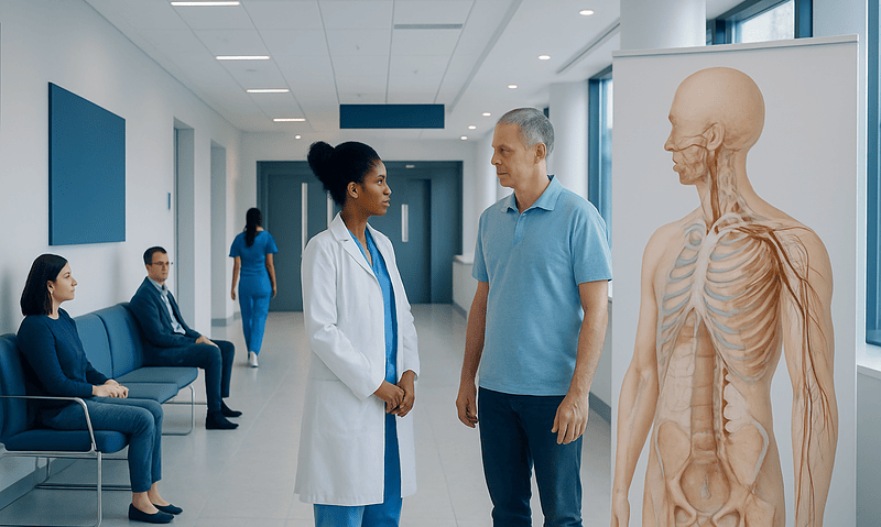 Brachial Plexus — Explained by Medical Evidence, Not Myths 17 Doctor and patient discussing in hospital corridor with anatomical model.