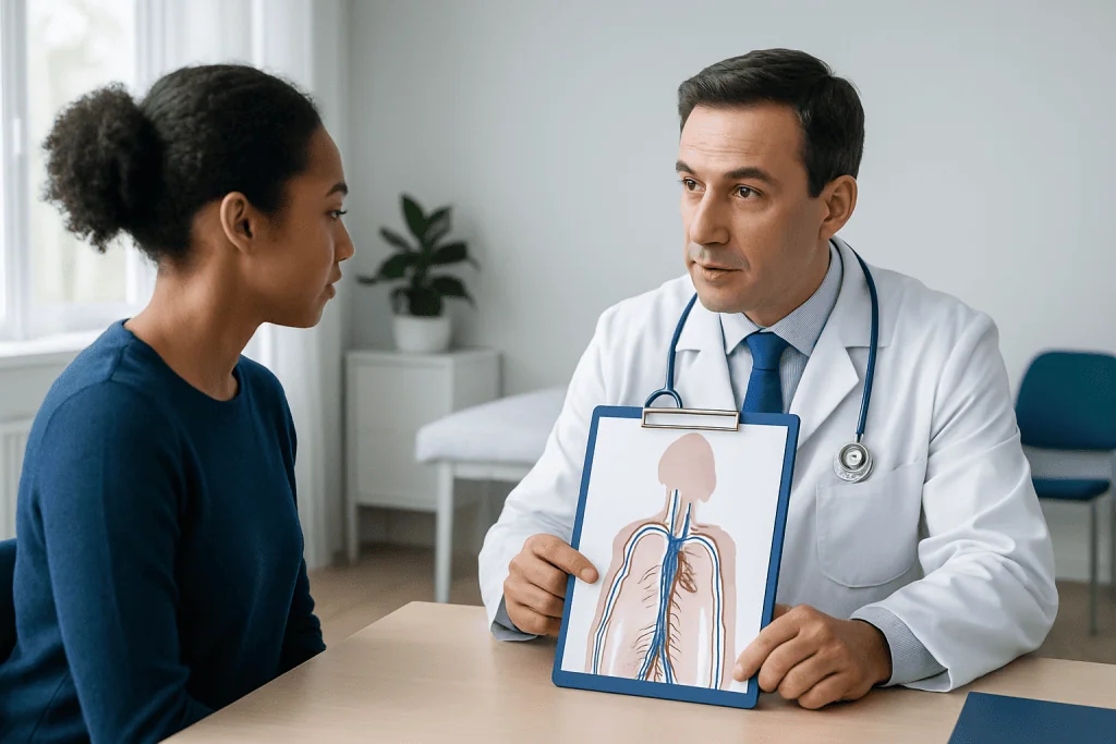 Doctor explaining venous anatomy to a patient with a diagram of the veins.