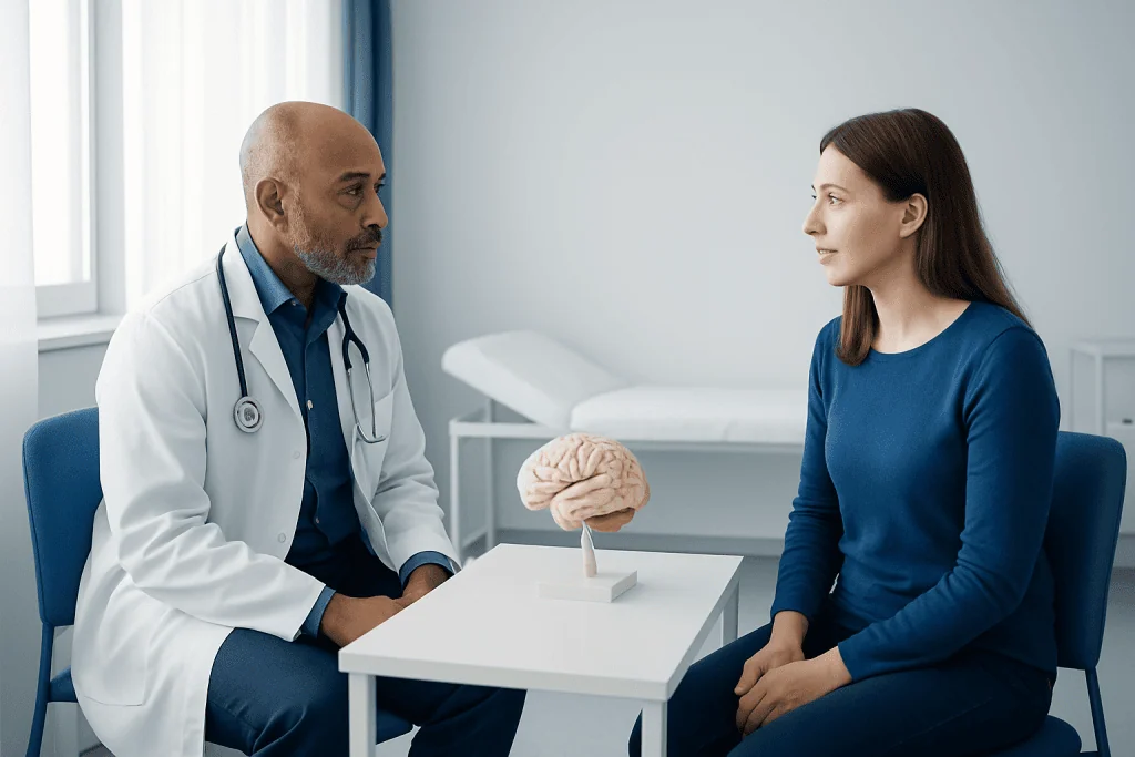 Doctor explaining brain health to a patient in a medical consultation room.
