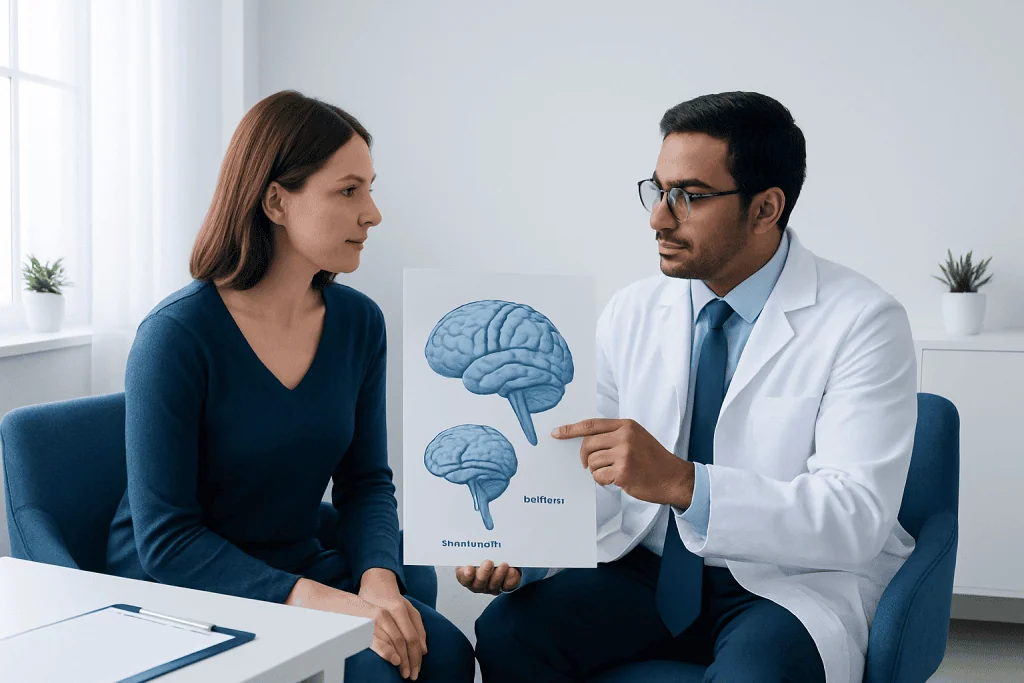 Doctor explaining brain diagram to a patient in a consultation room.