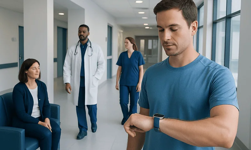Young man checking smartwatch in hospital corridor with medical staff nearby.