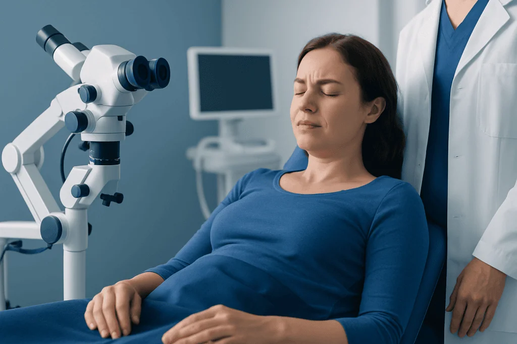 Woman at gynecological exam with medical equipment in clinic.