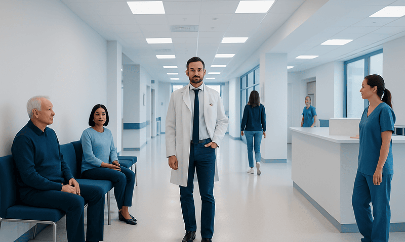Medical team in hospital corridor with patients and staff.