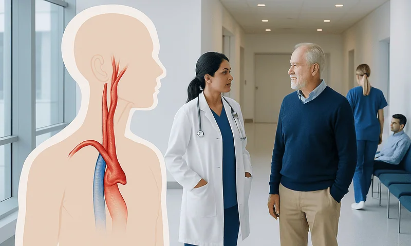 Carotid Artery — Explained by Medical Evidence, Not Myths 8 Doctor and patient discussing carotid artery health in hospital corridor.