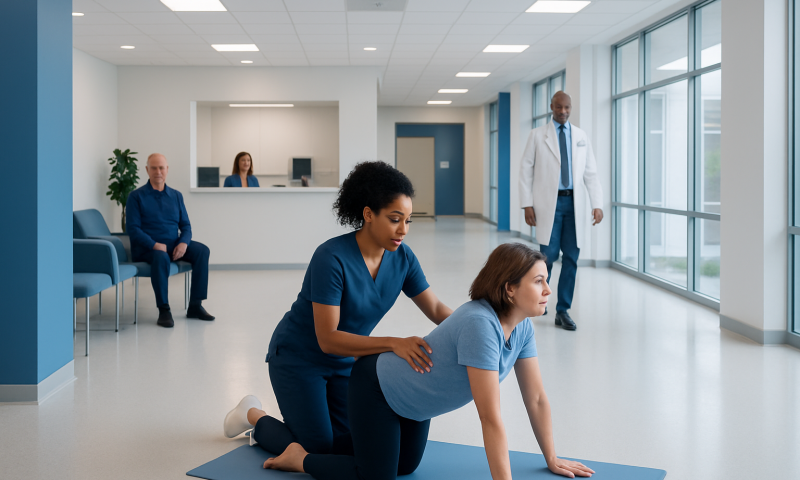 Physical therapy session with a healthcare professional assisting a patient.