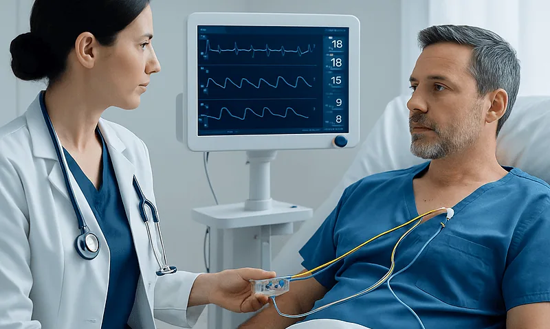 Medical professional monitors patient with Swan Ganz catheter in hospital.
