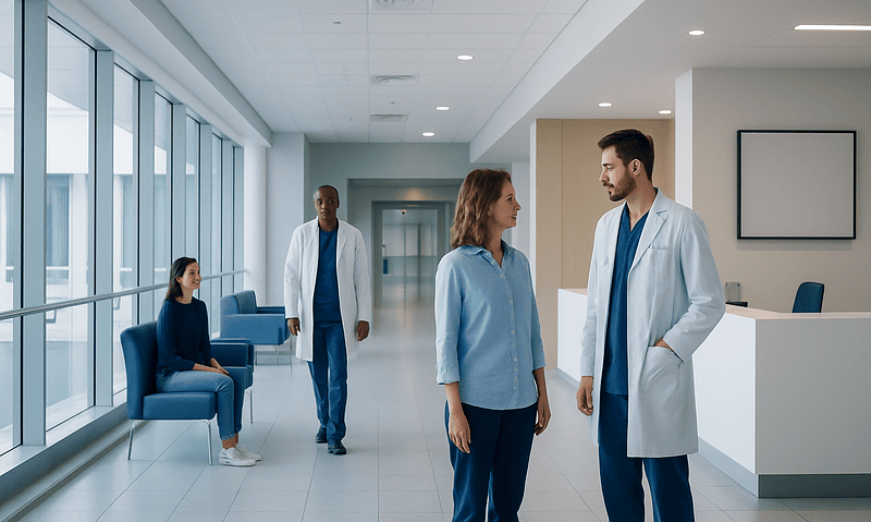 Medical professionals and patient in hospital corridor at Acibadem Hospitals Group.