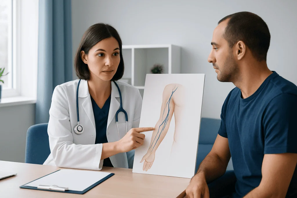 Doctor explaining arm vein anatomy to patient in consultation room.