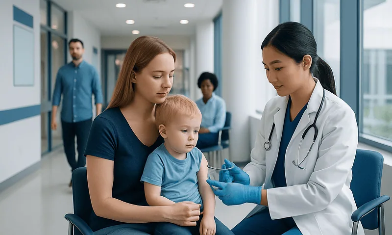 Child receiving vaccination from a healthcare professional in a hospital corridor.
