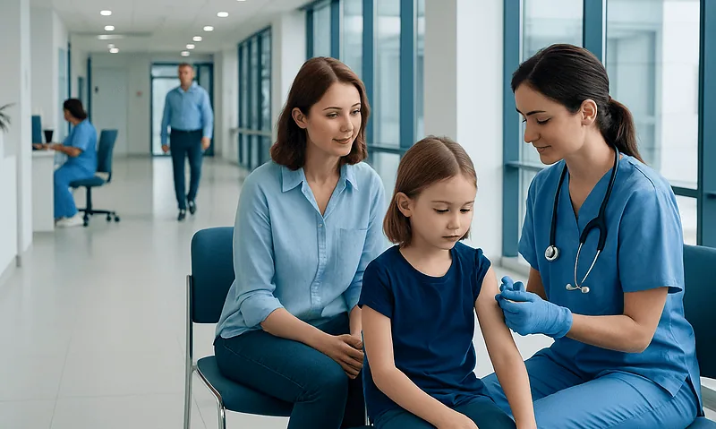 Child receiving vaccine in a hospital clinic from a nurse with mother present.