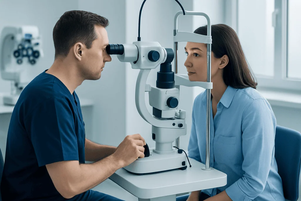 Optometrist examining a woman's eye with a slit lamp in a clinical setting.