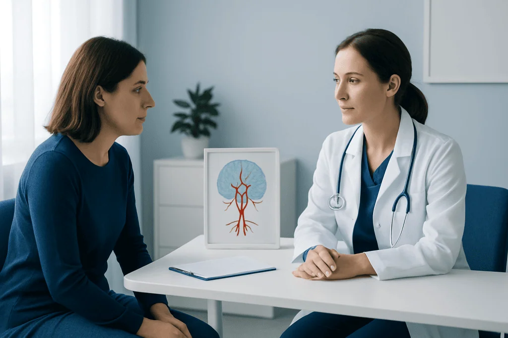 Doctor explaining Circle of Willis to patient in a medical consultation room.