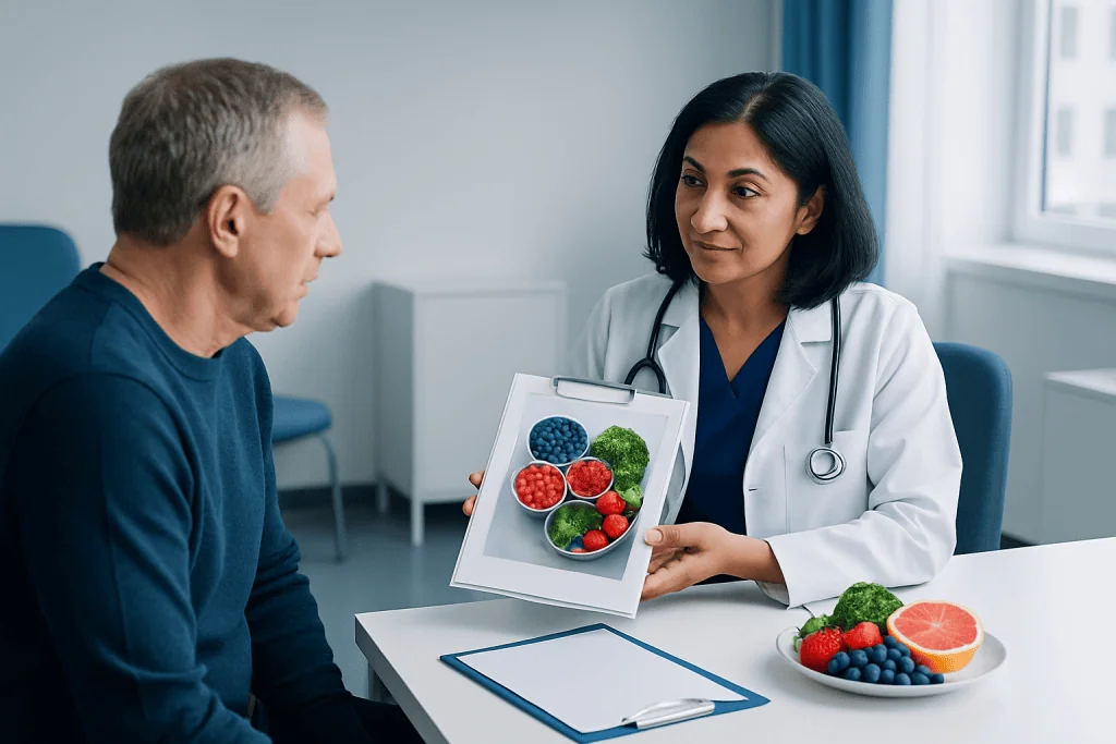 Doctor explaining polyphenol-rich foods to a patient in a consultation room.