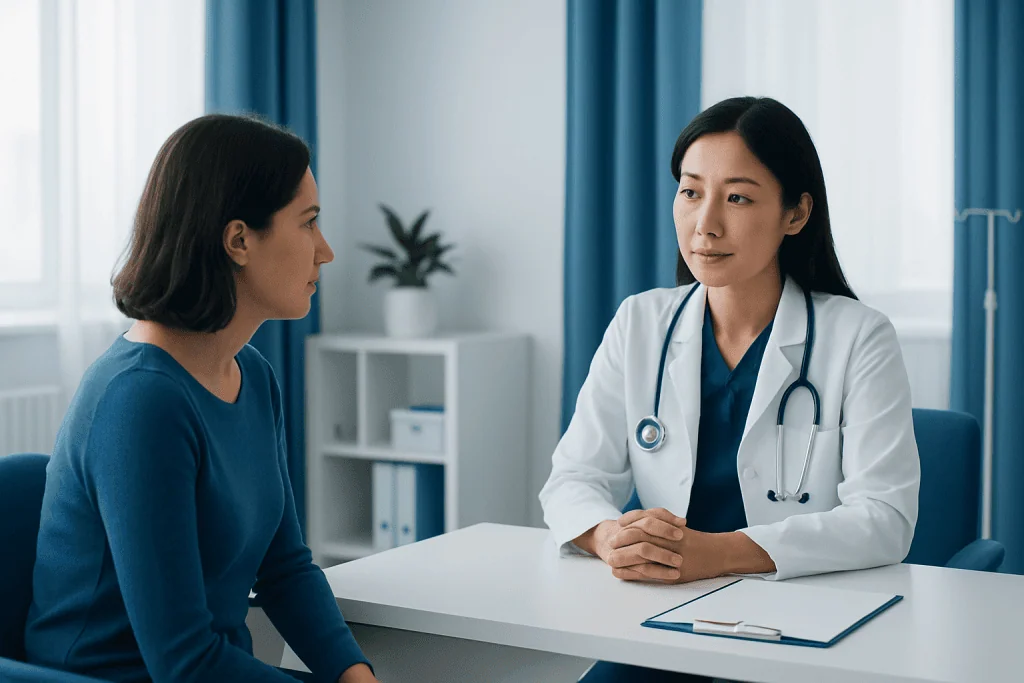 Doctor consulting with a patient in a modern medical office.
