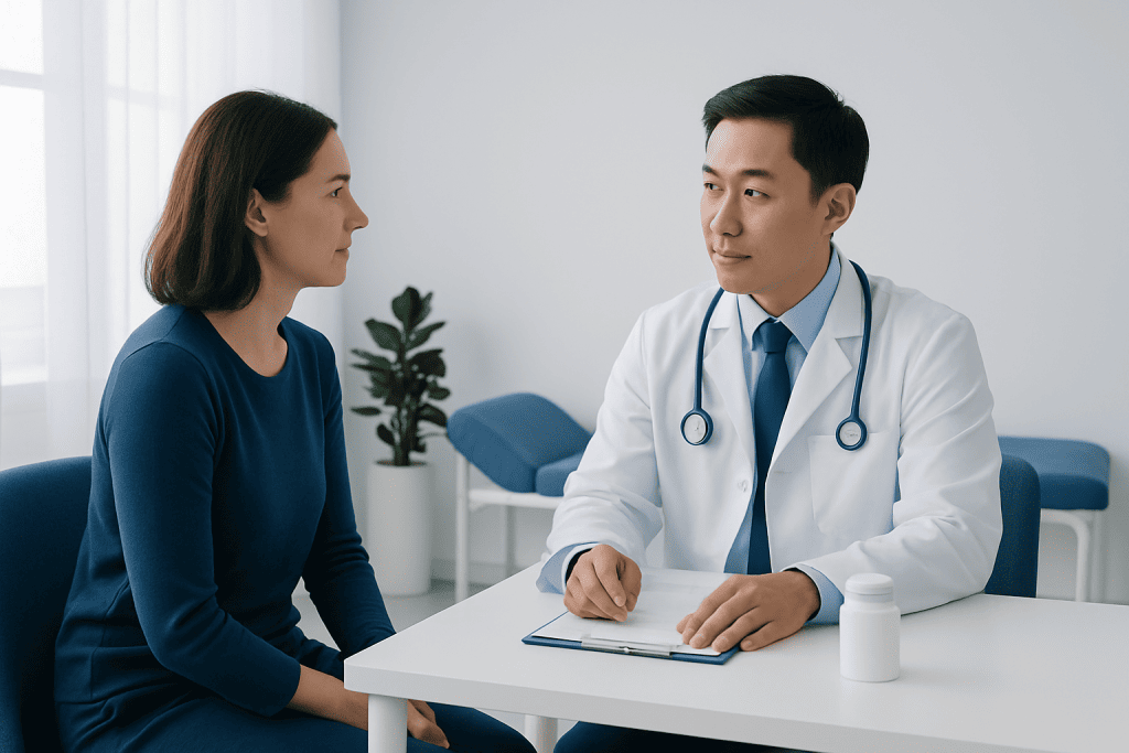 Doctor consulting with a female patient in a modern clinic.