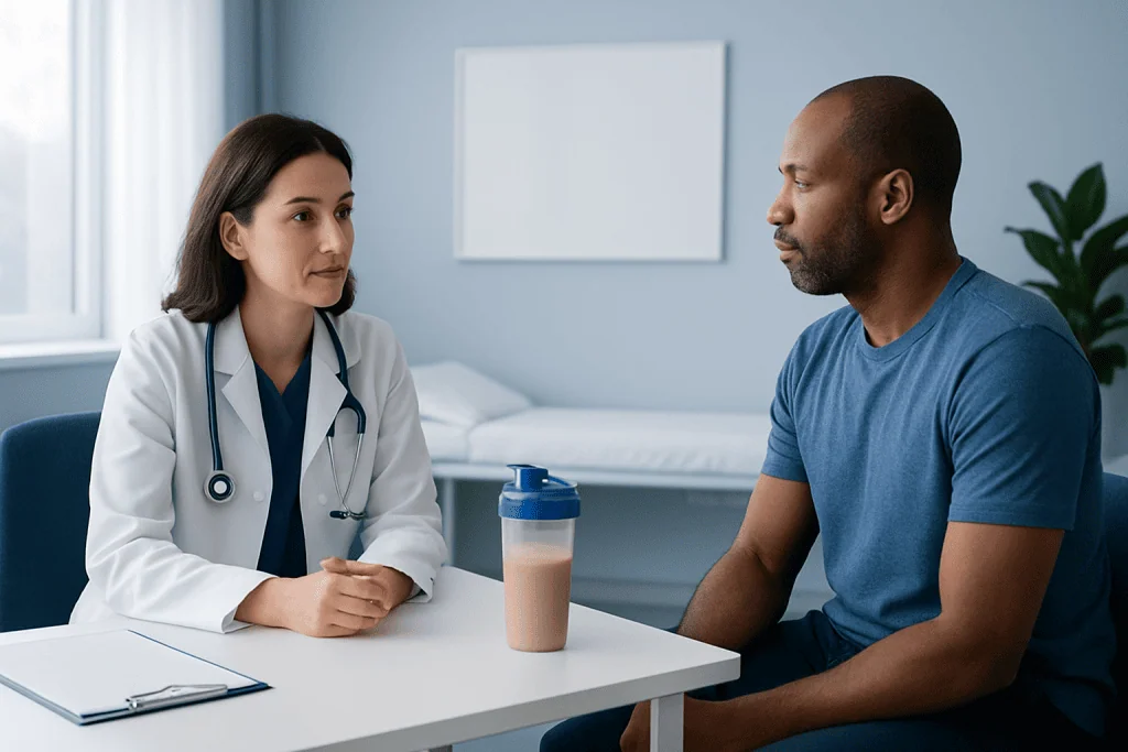Doctor consulting with patient in a clinical setting.