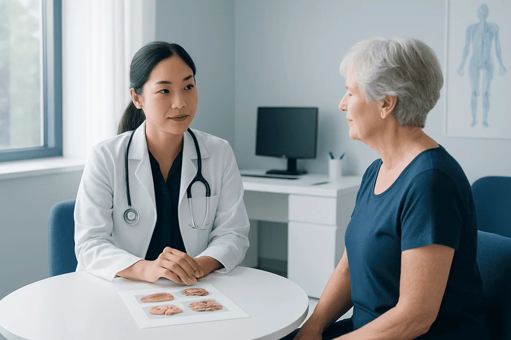 Doctor consulting with elderly woman in a medical office.