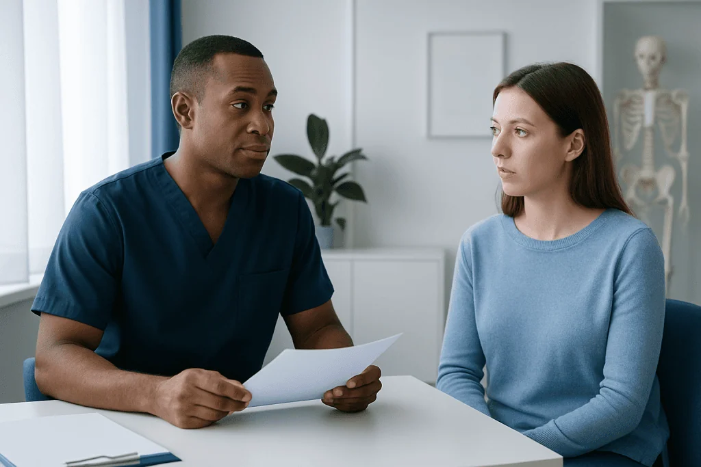 Doctor consulting with a patient in a medical office setting.