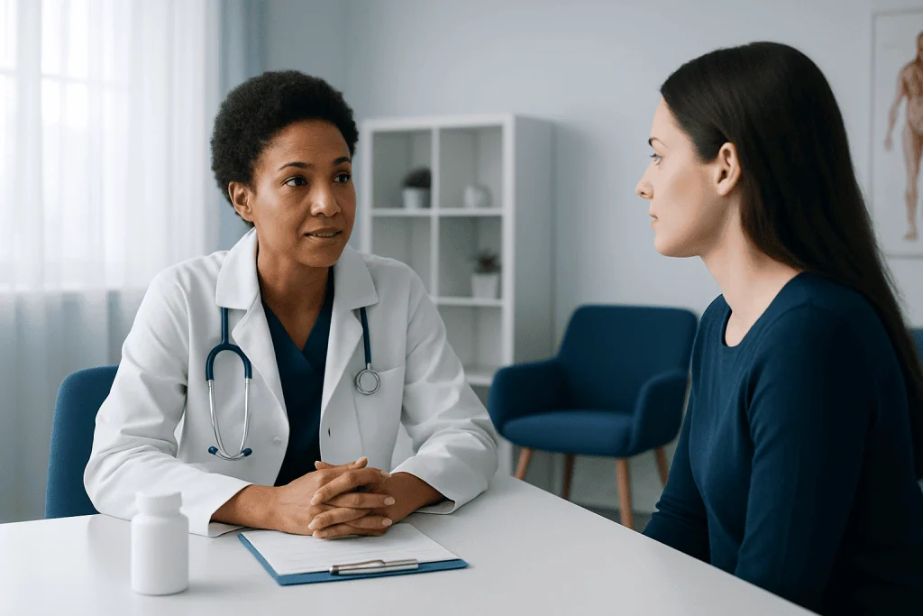 Doctor consulting with a patient in a medical office setting.
