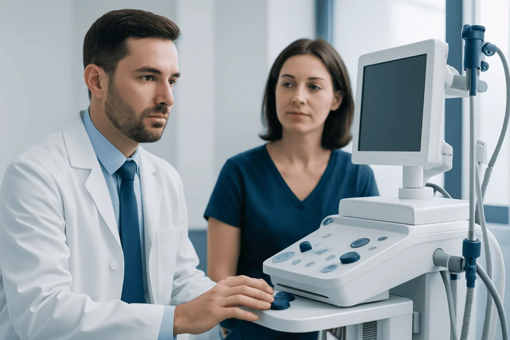 Doctor performing ultrasound examination on a patient in a clinical setting.