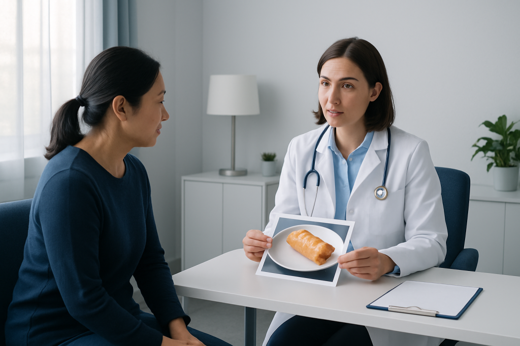 Doctor explaining nutritional facts about egg roll to patient in consultation room.