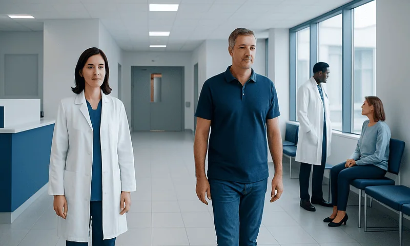 Medical professionals and patient in a modern hospital corridor.