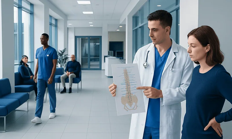 Medical professionals discussing patient X-ray in hospital corridor.