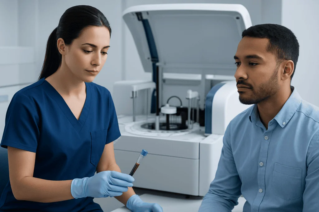 Medical professional preparing a blood sample for testing in a laboratory setting.