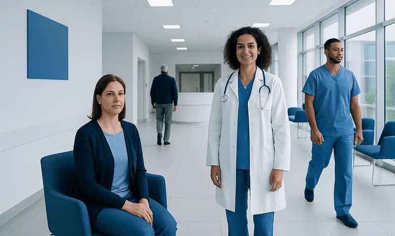 Medical team in hospital corridor with doctor and nurses smiling.