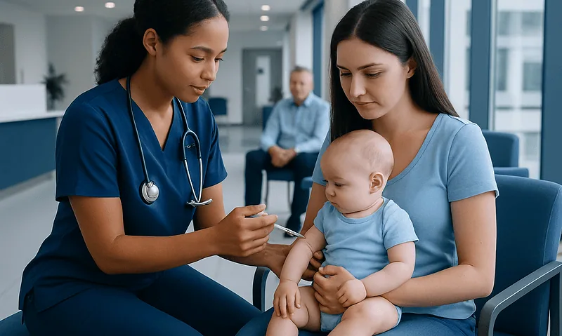 Pediatric nurse administering vaccine to a baby in a hospital setting.