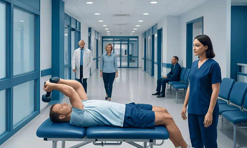 Patient undergoing shoulder examination in hospital corridor with medical staff.