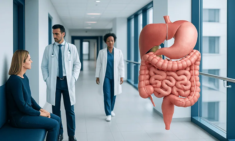 Medical consultation about digestive health with a 3D model of the human digestive system.