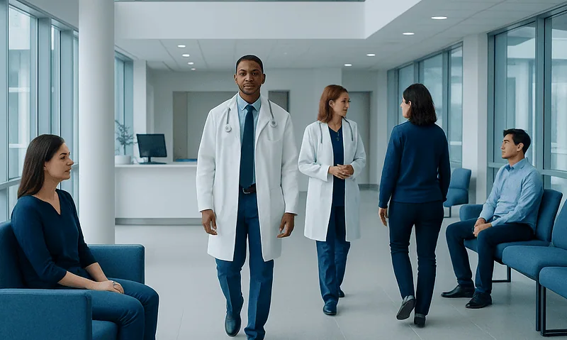 Medical team in hospital waiting area with patients and staff.