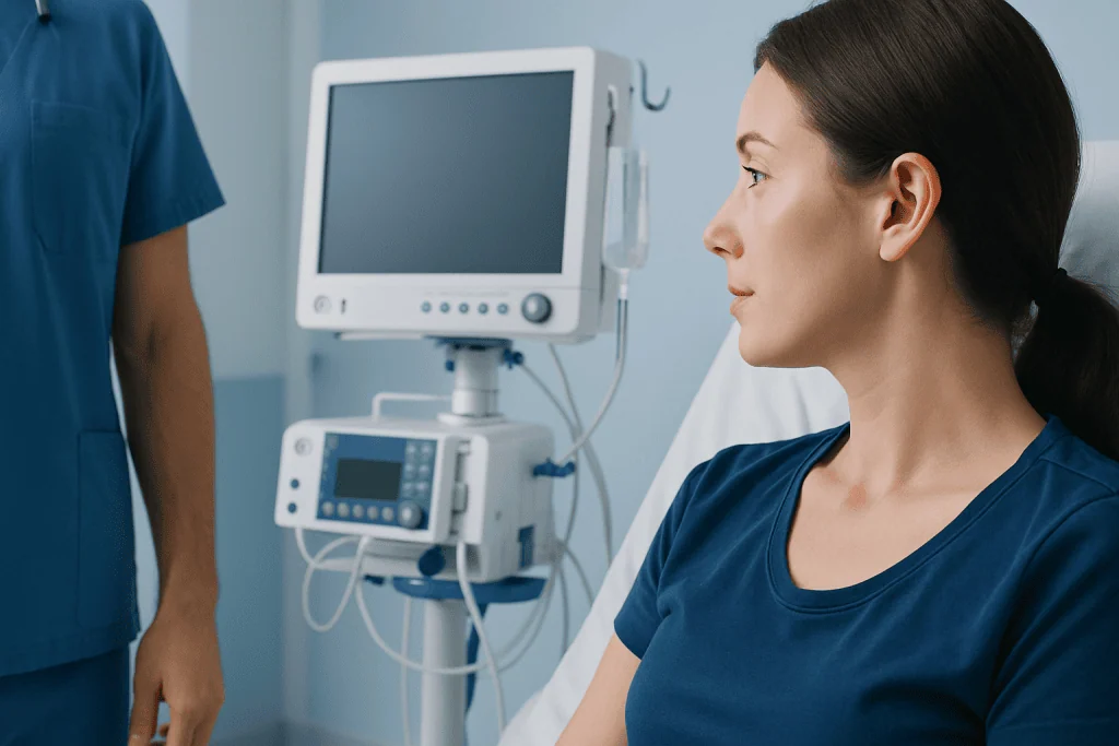 Patient in a medical examination room with monitoring equipment.
