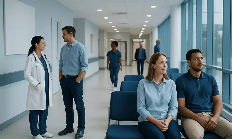 eGFR Blood Test: What Low and High Levels Mean — and What to Do Next 4 Patients waiting in a hospital corridor with medical staff and visitors.