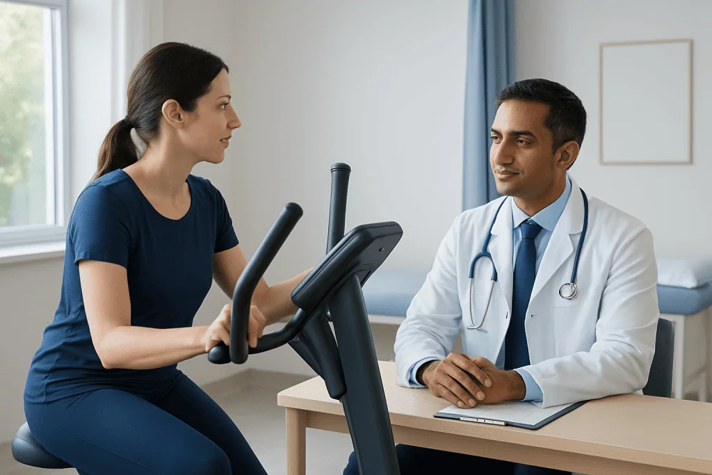 Doctor consulting patient on exercise bike in clinic setting.