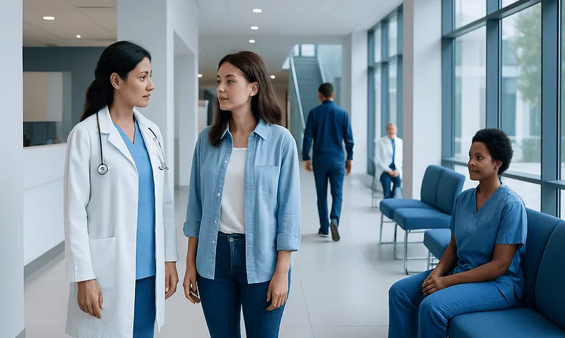 Medical professionals and patient in hospital corridor at Acibadem Hospitals Group.