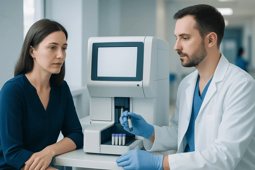 Medical professional explains blood test results to a patient in a hospital lab.