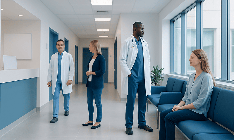 Medical professionals consulting with a patient in a hospital corridor.