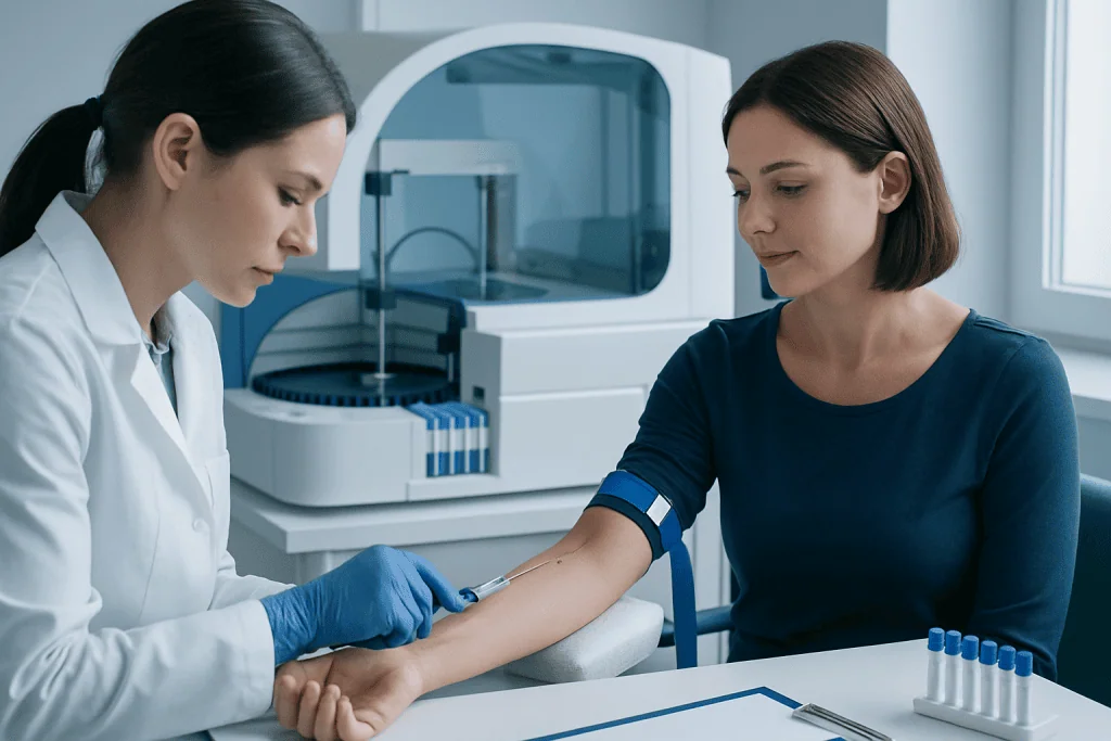 Medical professional drawing blood from a patient in a clinical setting.
