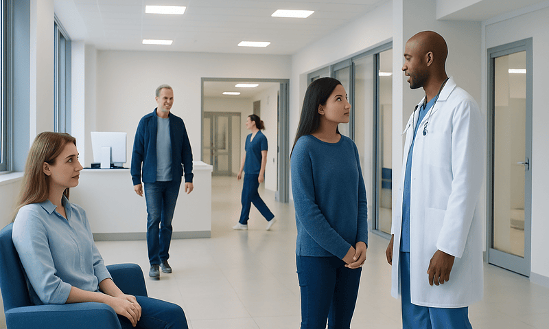 Doctor consulting a patient in a hospital corridor with other staff in background.