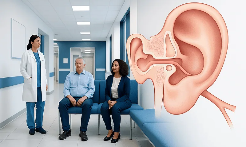ENT specialist explains Eustachian tube issues to patients in hospital corridor.
